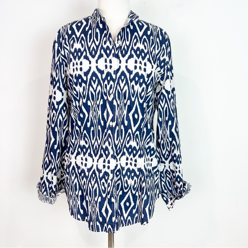 BENSON BLUE WHITE IKAT PRINT STAND COLLAR LONG SLEEVE BLOUSE WOMENS SZ XL